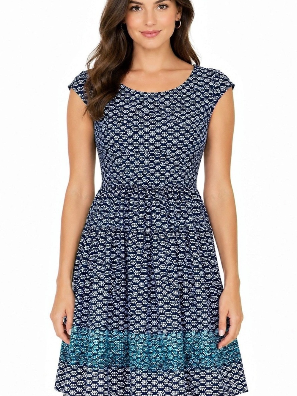 Max Studio Women’s S Printed Fit & Flare Dress – Navy Blue Teal Abstract Pattern